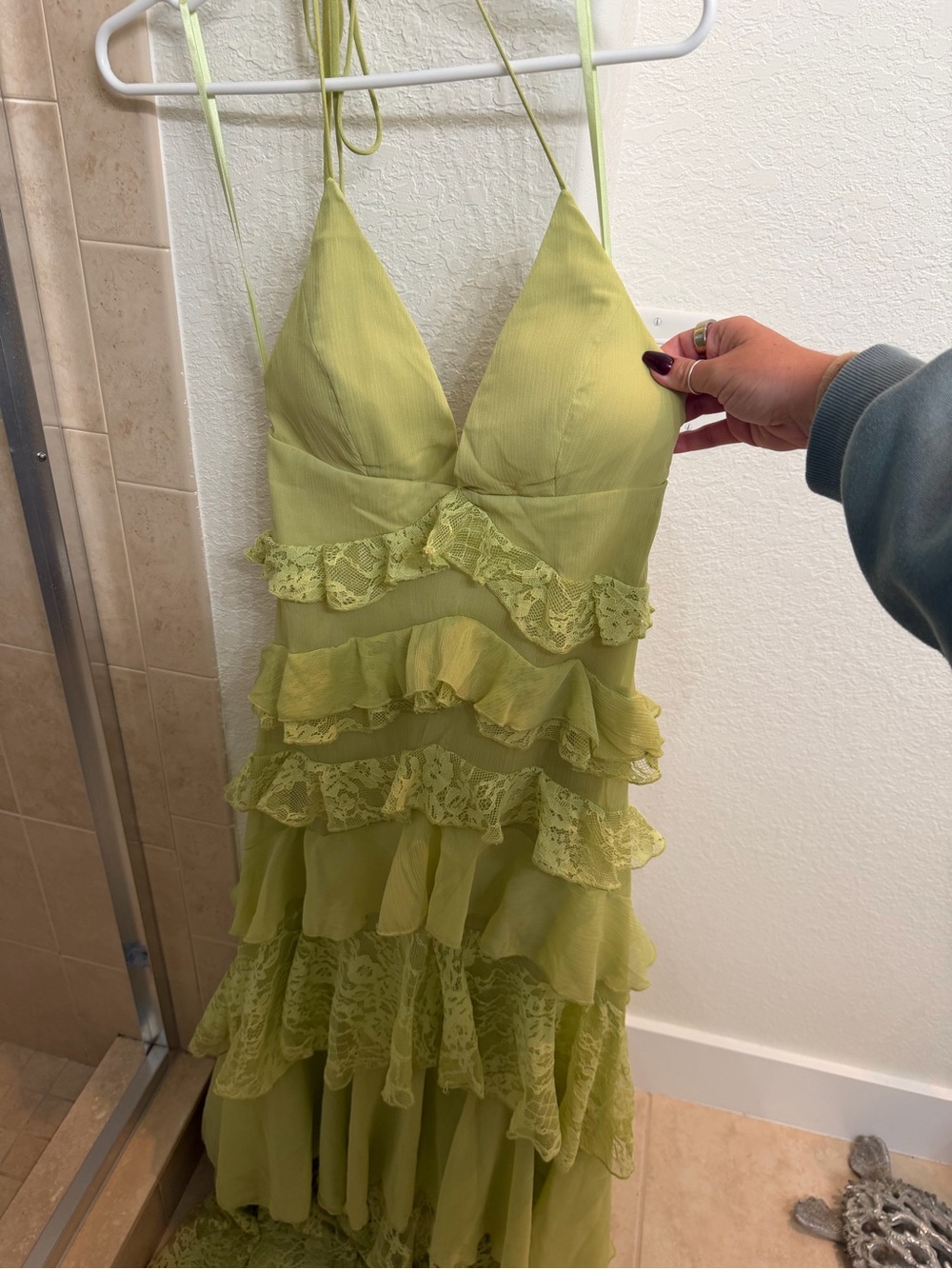 Windsor Lime Green Ruffle Lace Halter Slip Dress